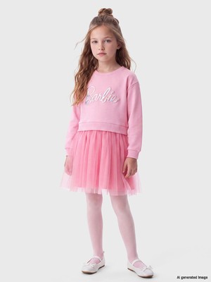 Lc Waikiki Yeni Sezon Pembe Barbie Baskılı Kız Çocuk Tül Elbise