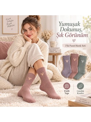 Çorap Giyim Kadın Geyik Nakışlı Fitilli Soket Çorap 3’lü – Yumuşak Dokulu Pastel Renk Günlük Çorap Seti