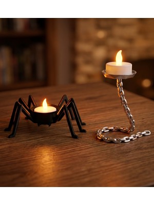 Halloween Cadılar Bayramı Temalı Örümcek ve Havada Asılı Zincir Tasarımlı 2'li Dekoratif Tealight Mumluk Seti