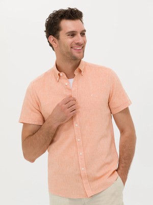 Cacharel Orange Slim Fit Linen Blend Short Sleeve Shirt