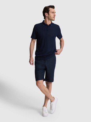 Cacharel Navy Regular Fit Elastic Waist %100 Linen Bermuda Shorts