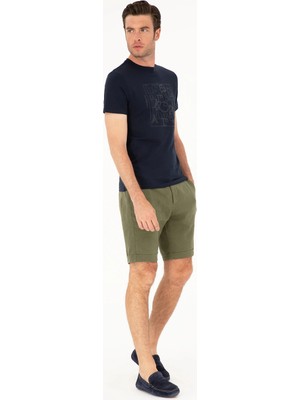 Cacharel Khaki Regular Fit Elastic Waist %100 Linen Shorts