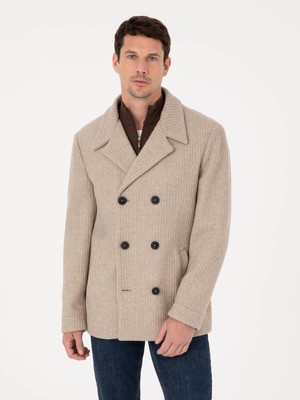 Cacharel Taupe Slim Fit Wool Blend Double-Breasted Melton Pea Coat