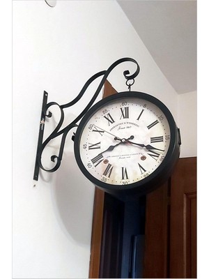 Tr Büyük 45CM Sessiz Yuvarlak Çelik Çift Taraflı Caml Dikey Duran Iki Yönlü Duvar Saati Station Clock