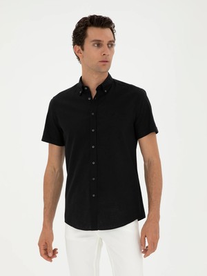 Cacharel Black Slim Fit Linen Blend Short Sleeve Shirt