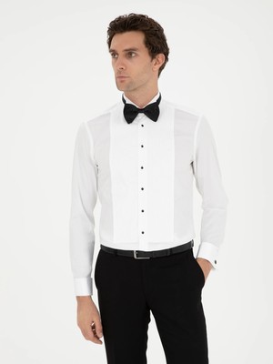 Cacharel White Slim Fit Cuffed Cotton Blend Tuxedo Shirt