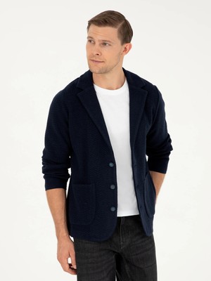Cacharel Navy Slim Fit Button-Up Lapel Collar Knit Cardigan