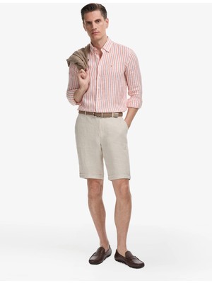 Cacharel Beige Regular Fit %100 Linen Elastic Waist Bermuda Shorts