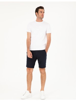 Cacharel Navy Regular Fit Elastic Waist %100 Linen Shorts