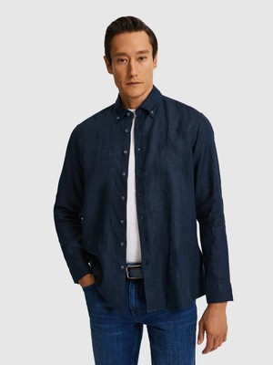 Cacharel Navy Regular Fit Button-Down Collar Pure Linen Shirt