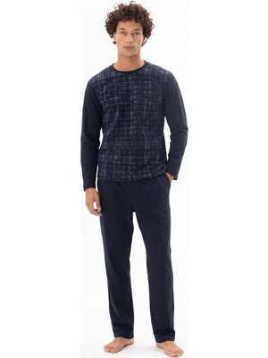 Kly Erkek Indigo Ekose Desenli Uzun Kol Bisiklet Yaka Cepli Pijama Takımı C8T0N662