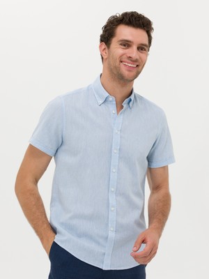 Cacharel Light Blue Slim Fit Linen Blend Short Sleeve Shirt