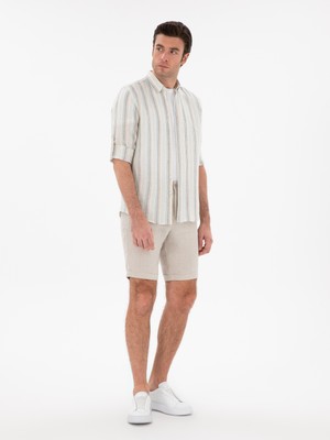 Cacharel Beige Regular Fit %100 Linen Bermuda Shorts