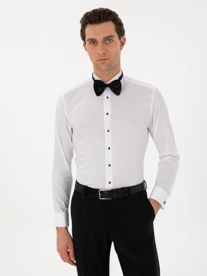 Cacharel White Slim Fit Cotton Blend Cuffed Tuxedo Shirt