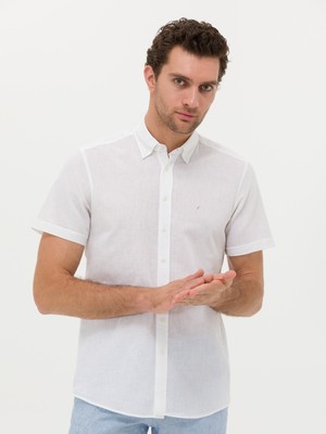 Cacharel White Slim Fit Linen Blend Short Sleeve Shirt