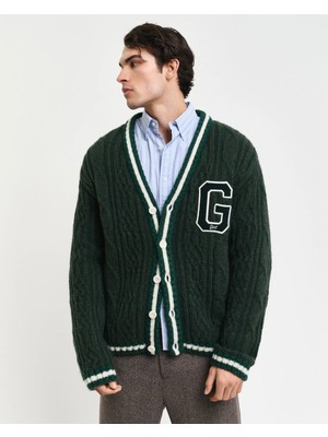 Gant Men's Green Regular Fit V-Neck Logo Cardigan