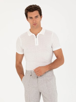 Cacharel White Slim Fit Polo Collar Knit T-Shirt