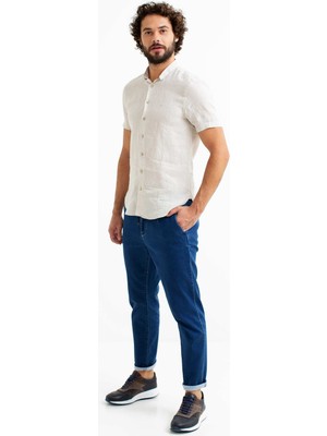 Cacharel Beige Slim Fit Short Sleeve Linen Shirt