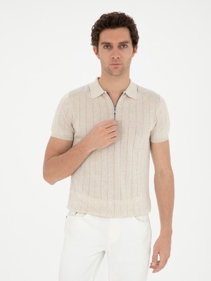 Cacharel Ecru Slim Fit Linen Blend Polo Collar Knit T-Shirt