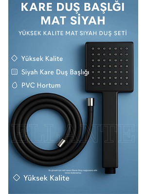 Ellante Kare Duş Başlığı Mat Siyah Siyah Kare Duş Başlığı Yüksek Kalite Mat Siyah Duş Seti Pvc Hortum