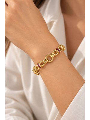 kloi Amber 14K Altın Kaplama Bordo Taşlı Ağır Gramajlı Kadın Lüks Bileklik – Premium Zincir Tasarım