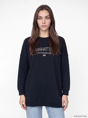 Lc Waikiki Yeni Sezon Lacivert Baskılı Oversize Kadın Sweatshirt Tunik