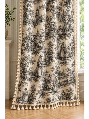 Luxoras Home Fransız Köylü Desenli Siyah Fon Perde Kornişli 3 Kenar Püsküllü Vintage Country Perde (En x Boy)-Bağcık Hediyeli