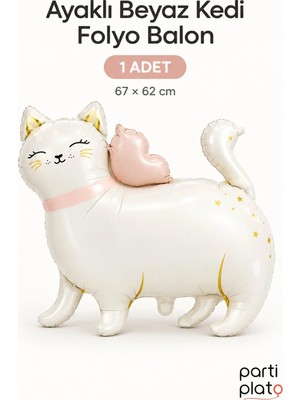 Era Balon Ayaklı Beyaz Kedi Folyo Balon 67X62 cm 1 Adet Kedi Temalı Doğum Günü Parti Süsü