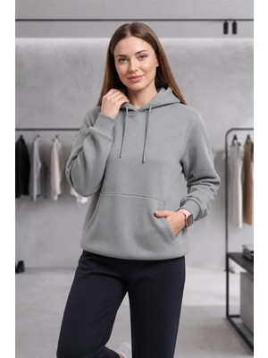 Veleno Kadın Gri Kapüşonlu Kanguru Cepli Sweat 3 Iplik Şardonlu Yumuşak Puf Kumaş
