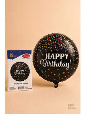 He2 Balloons Happy Birthday Folyo Balon 18 Inç 45 Cm, Siyah Konfeti Desenli Yuvarlak Helyum Uyumlu Doğum Günü Balonu