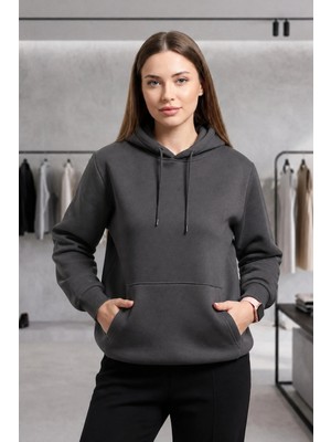 Veleno Kadın Füme Kapüşonlu Kanguru Cepli Sweat 3 Iplik Şardonlu Yumuşak Puf Kumaş