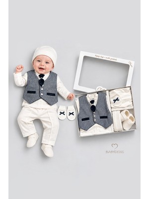 Babyden's Yenidoğan Erkek Bebek Mevlüt Takımı 6 Parça Papyonlu Yelekli Şık Özel Gün Takımı Hediyelik Set Ekru Lacivert