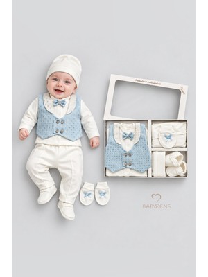 Babyden's Yenidoğan Erkek Bebek Mevlüt Takımı 6 Parça Papyonlu Yelekli Şık Özel Gün Takımı Hediyelik Set Ekru Lacivert