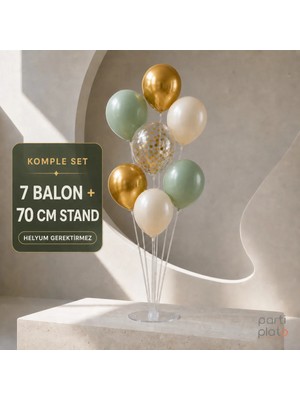 Parti Plato 7'li 70 cm Balon Standı Seti 7 Balonlu Okaliptus Deniz Kumu Krom Gold Şeffaf Konfetili