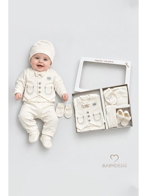 Babyden's Yenidoğan Erkek Bebek Mevlüt Takımı 6 Parça Papyonlu Yelekli Şık Özel Gün Takımı Hediyelik Set Ekru Lacivert