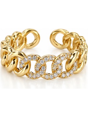 kloi Chainz Ring Çelik Taşlı Zincir Model Kadın Yüzük Gold Renk