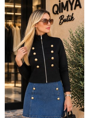 Qimya Butik Chamakh Kadın Süvari Model Şardonlu Fermuarlı Penye Ceket