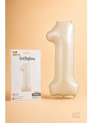 He2 Balloons Krem Folyo Balon 1 Rakamı 86 Cm, Helyum Uyumlu Krem Renk 1 Yaş Balonu, Büyük Boy Sayı Balonu