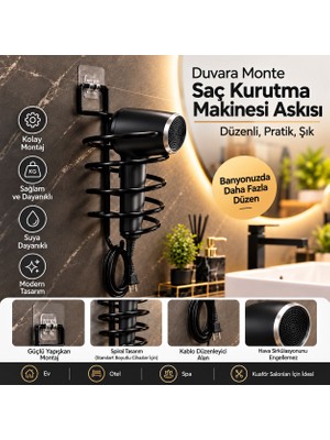 Anza Home Güçlü Yapışkanlı Siyah Fön Makinesi Askısı Saç Kurutma Makinesi Tutacağı Yapışkanlı