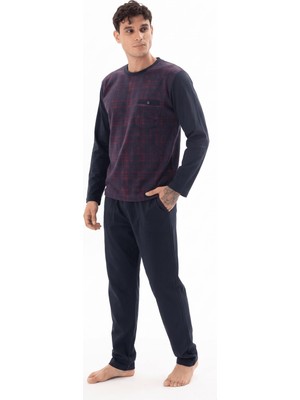 Kly Erkek Bordo Ekose Desenli Uzun Kol Bisiklet Yaka Cepli Pijama Takımı C8T0N662