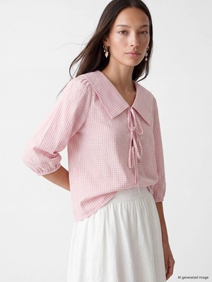 Lc Waikiki Yeni Sezon Pembe Bebe Yaka Ekose Bağcıklı Bluz
