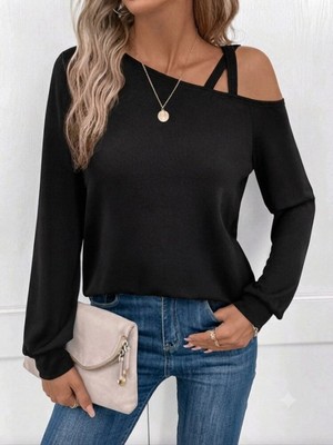 Pileli Store Kadın Uzun Kollu Tek Omuzdan Çapraz Şerit Detaylı Viskon Iki Iplik Bluz
