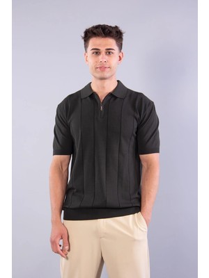 Mckanzie 10026 Kendinden Şeritli Fermuarlı Yakalı Triko T-shirt
