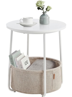 Store Yuvarlak Sehpa, Küçük Masa, Sehpa Küçük, Kumaş Sepetli Oturma Odası Masası, Oturma Odası, Yatak Odası Için Depolama Alanı, Modern Komodin, Beyaz-Bej LET223W10