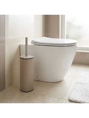 Store Paslanmaz Çelik Saplı Wc Fırçalık Latte, Kapaklı Tuvalet Fırçası Seti, Hijyenik Saklama Hazneli Banyo ve Wc Fırçası, 38,5 cm