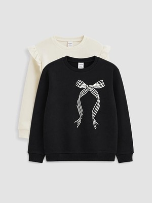 Lc Waikiki Yeni Sezon Siyah Baskılı Fırfırlı Kız Çocuk Sweatshirt 2'li
