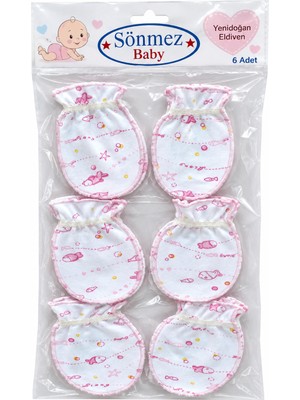 Sönmez Bebe Bebe Eldiven Balık Desenli Pamuklu Penye 6'lı Çift Set Paket Unisex Bebe Eldiven