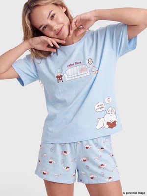 Lc Waikiki Yeni Sezon Mavi Baskılı Kadın Şortlu Pijama Takımı