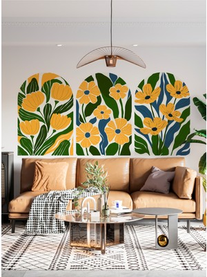 S Digital Bohem Kemer Görünümlü 3'lü Duvar Sticker Seti - Boho Çiçek Desenli Salon Yatak Odası Duvar Dekorasyonu - 3 Ölçü Seçeneği