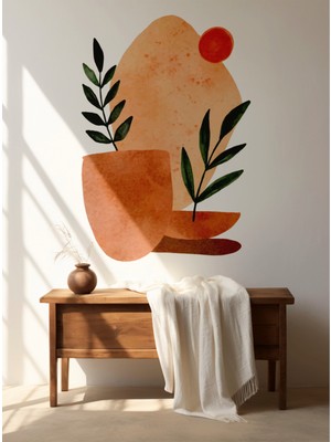 S Digital Boho Duvar Sticker - Soyut Geometrik Yapraklı Duvar Çıkartması - Toprak ve Terracotta Tonları - 3 Ölçü Seçeneği